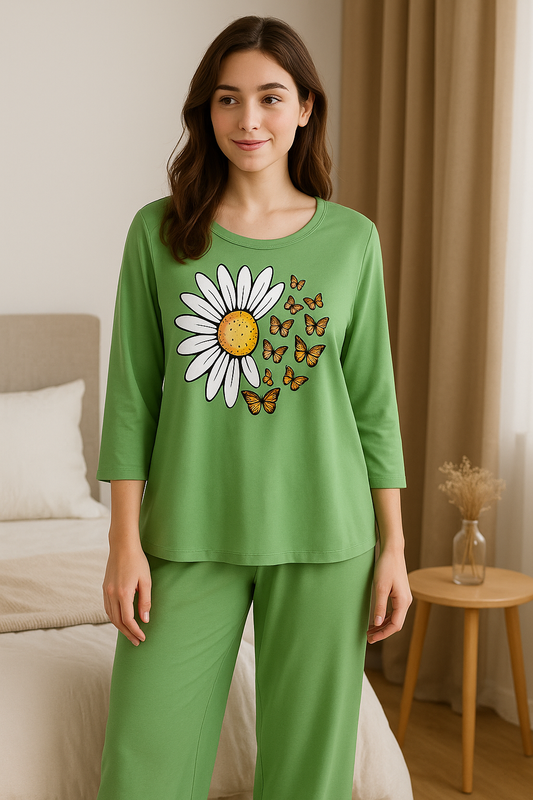 Green Daisy Butterfly Printed Pajama Set - Floral Sleepwear