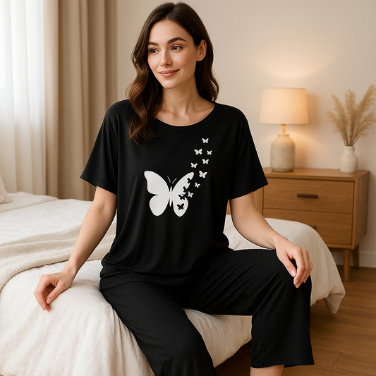 Black Flying Butterfly Printed Pajama Set - Elegant Sleepwear