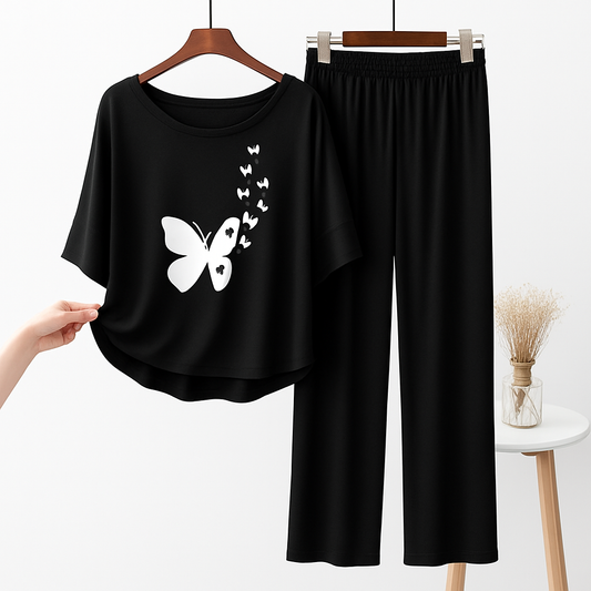 Black Flying Butterfly Printed Pajama Set - Elegant Sleepwear