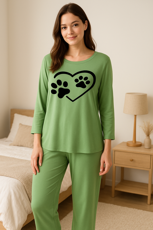 Green Paw Print Heart Printed Pajama Set - Pet Lover Sleepwear