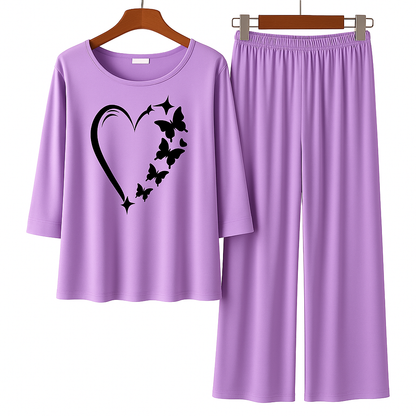 Purple Heart Butterfly Printed Pajama Set - Women's Sleepwear