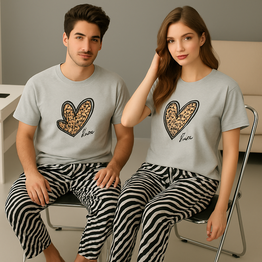 Love Hearts Matching Couple Set - Gray Tees & Zebra Pajama Lounge Set