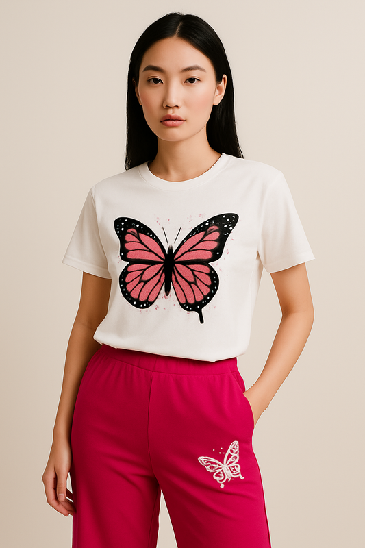 White Butterfly T-Shirt & Pink Lounge Set