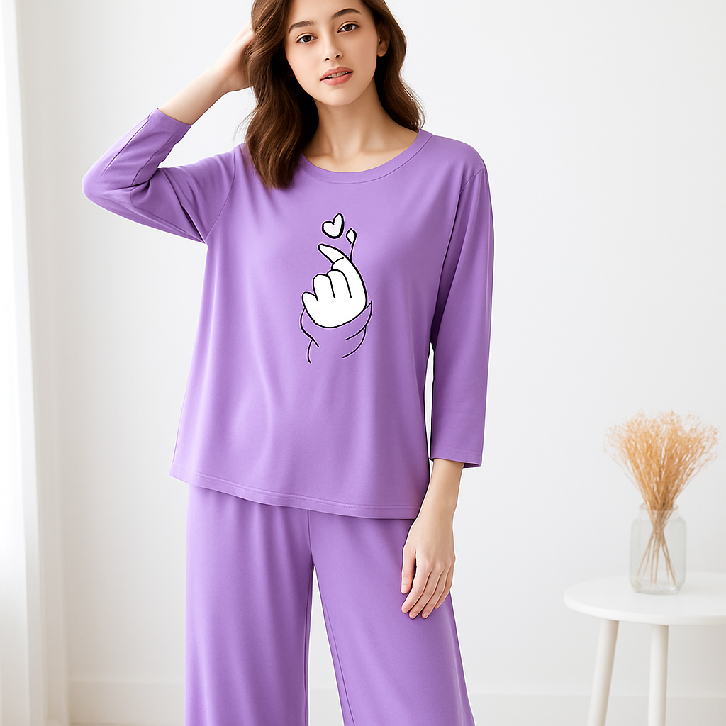 Purple Finger Heart Printed Pajama Set - Women's Sleepwear